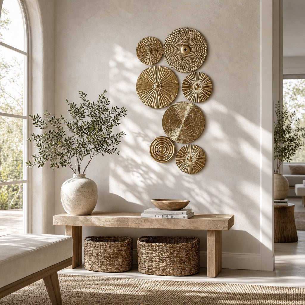 NEW West Elm XL Gold Boho Metal Abstract Wall Hanging Baskets Plates - Set of 7