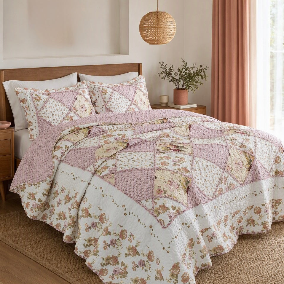 NEW Anthropologie Pink Vintage Floral Patchwork Quilt Coverlet Bedding Sham Set