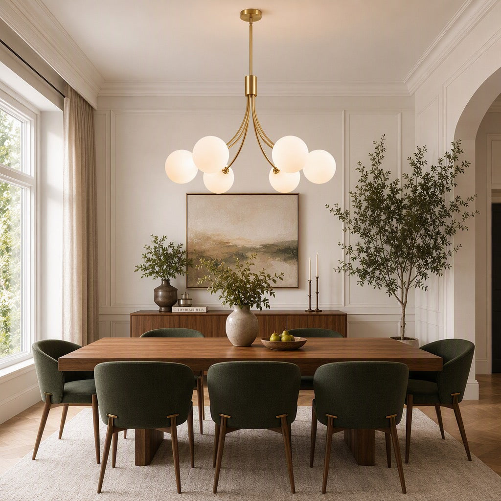 NEW West Elm XL 6-Light Gold & White Globe Boho Chandelier Hanging Light Fixture