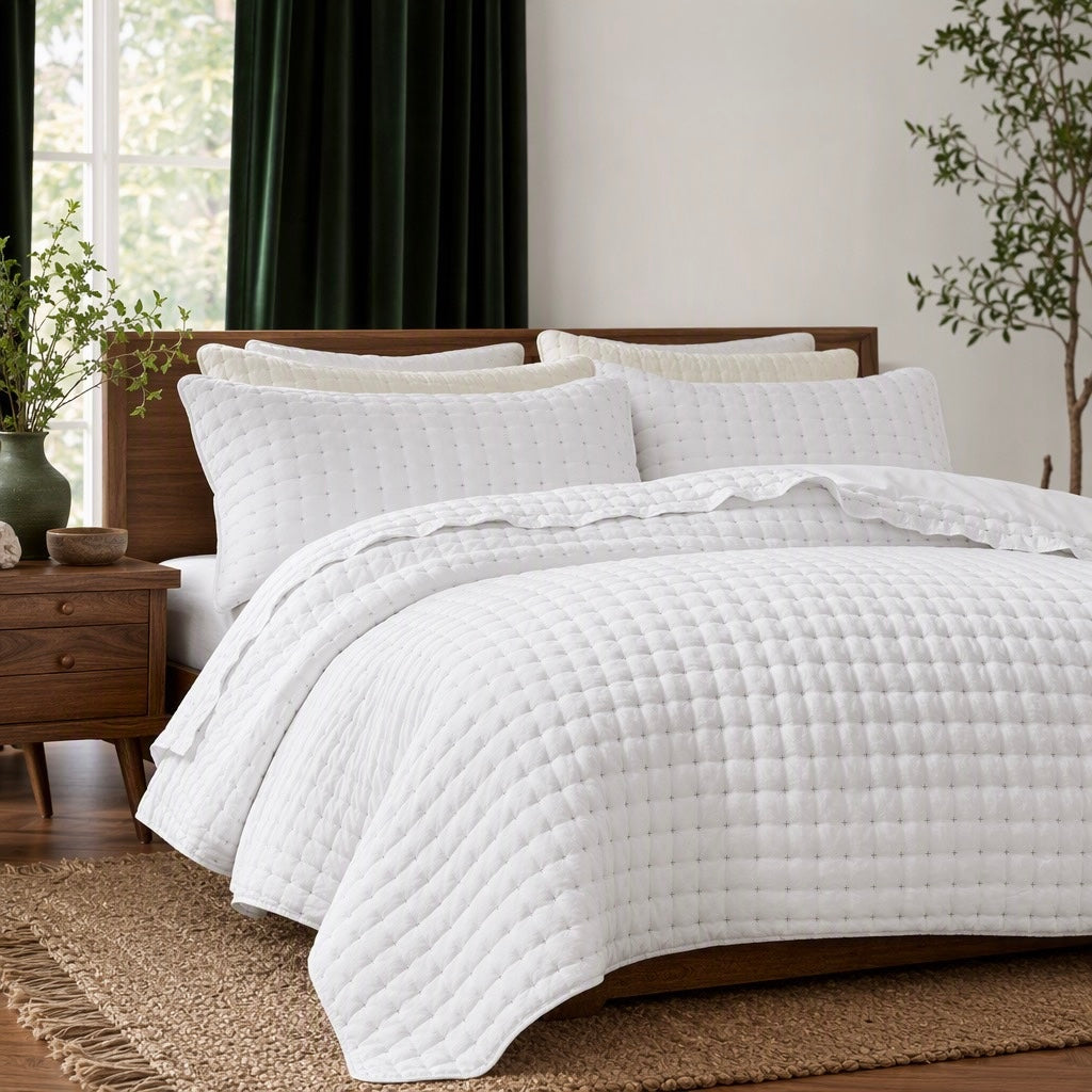 NEW West Elm White Ultra Soft Stitch Quilted Comforter Coverlet Bedding Sham Set