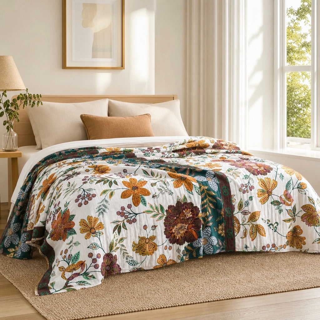 NEW Anthropologie Boho Floral Reversible Queen Blanket Bedspread Quilt 90" x 98"