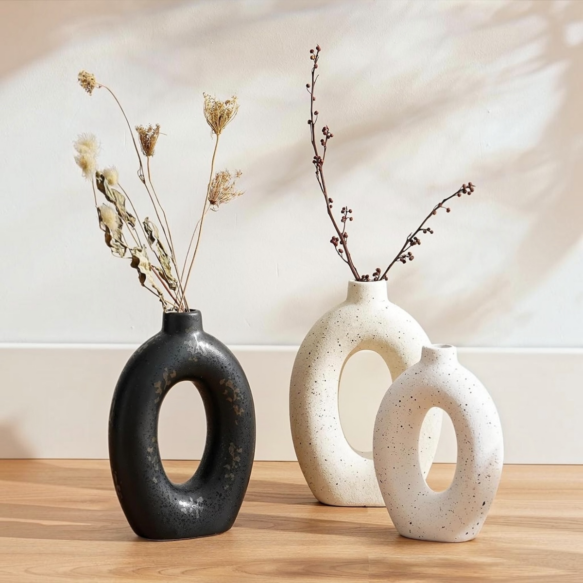 NEW West Elm (Set 2) Large White Abstract Boho Ceramic Boho Flower Vase Vases