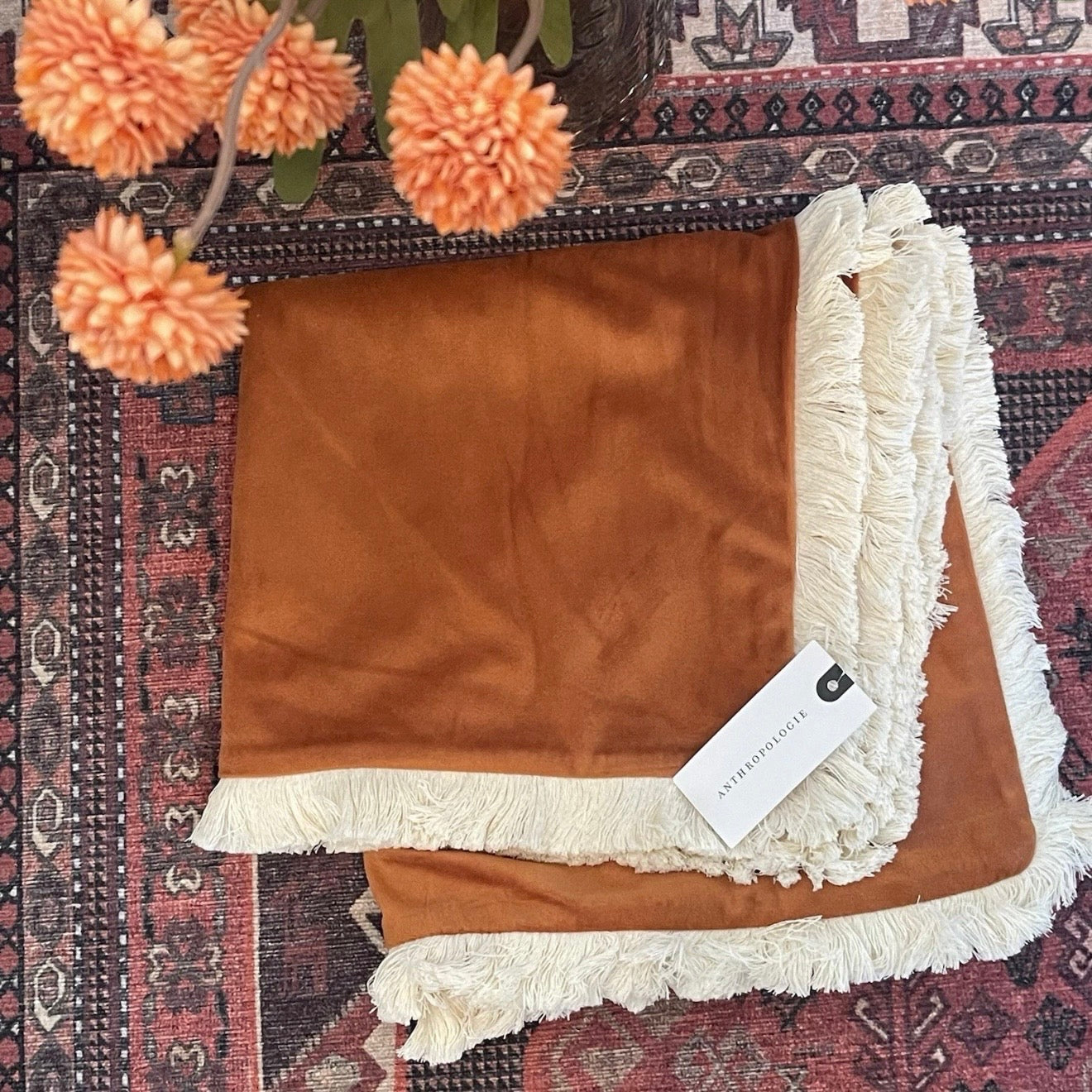 New West Elm Set 2 Orange Velvet Boho Fringe Throw Pillow Case Cover Sham 18x18