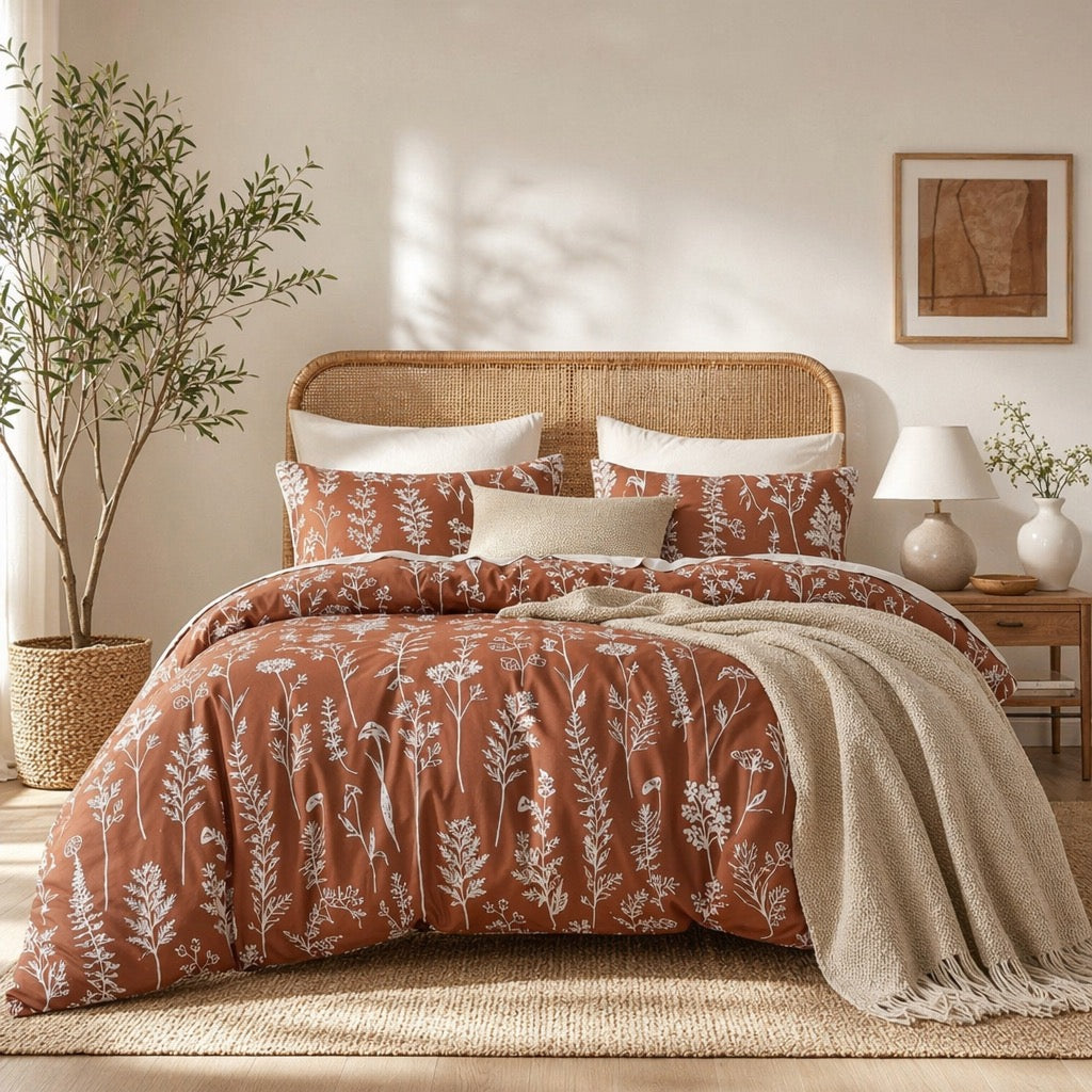 NEW West Elm Red King Size Comforter Botanical Print Bedding & Sham Case Set