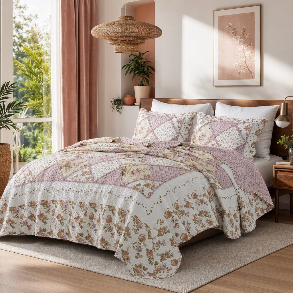 NEW Anthropologie Pink Vintage Floral Patchwork Quilt Coverlet Bedding Sham Set