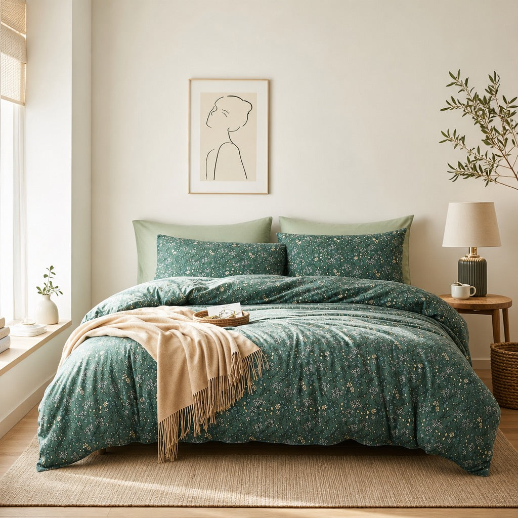 NEW Anthro Green Vintage Style Cotton Queen King Cotton Bedding Duvet & Sham Set