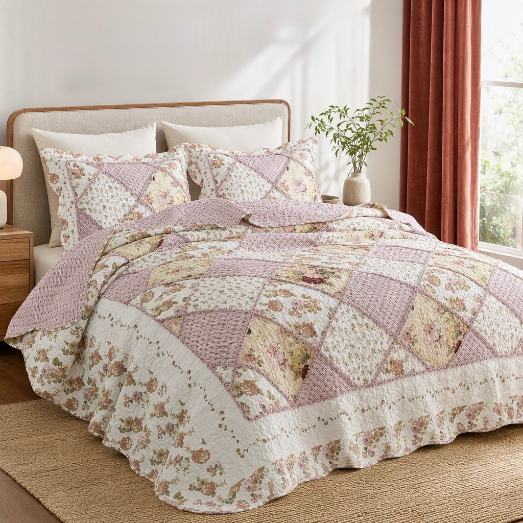 NEW Anthropologie Pink Vintage Floral Patchwork Quilt Coverlet Bedding Sham Set