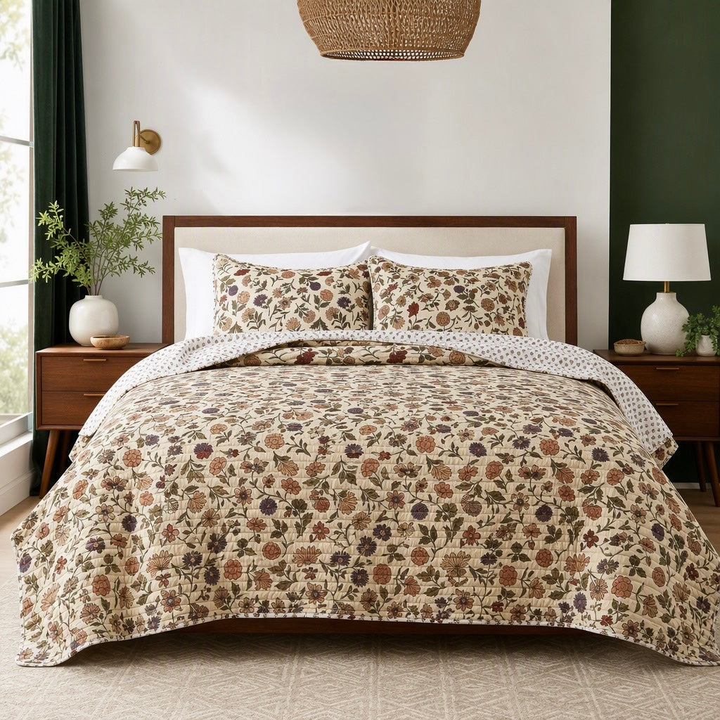 NEW Anthropologie Beige Boho Floral Reversible Quilt Bedspread Bedding Sham Set