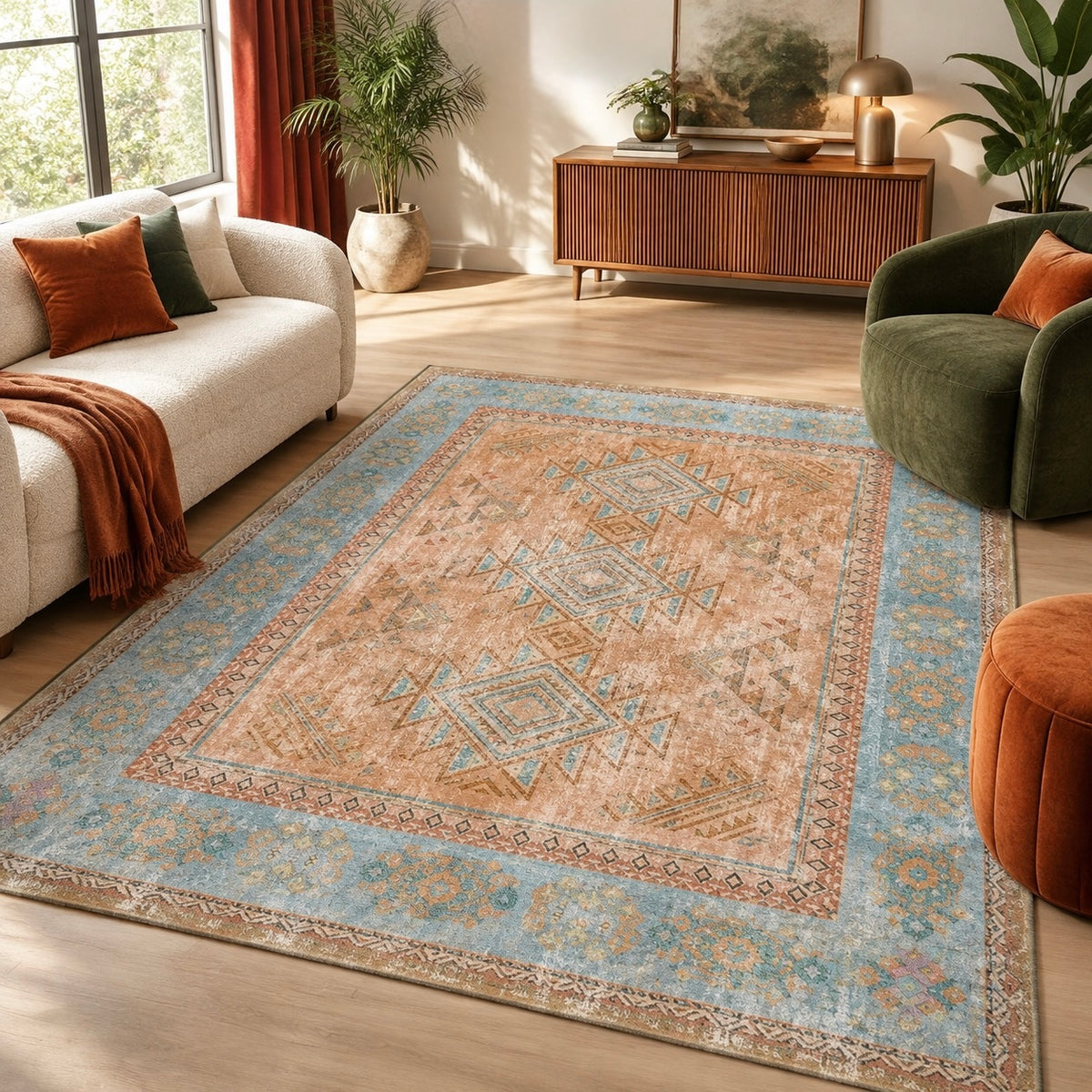 NEW Anthropologie Blue & Orange Moroccan Boho Washable Area Rug Carpet 8' x 10'