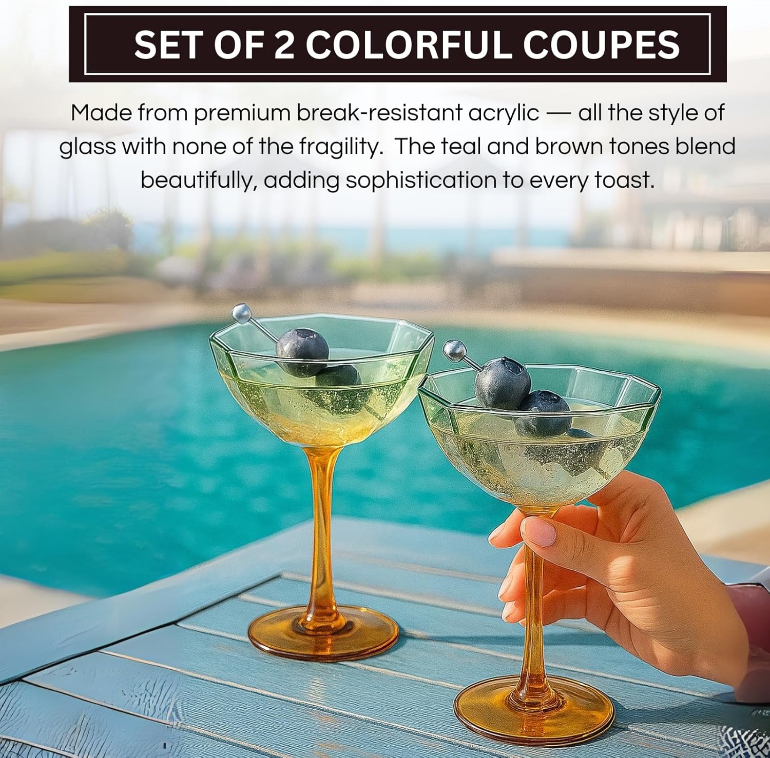 Khen Hexagonal Coupe Glasses Elegant Break Resistant - Set of 2 Teal + Brown