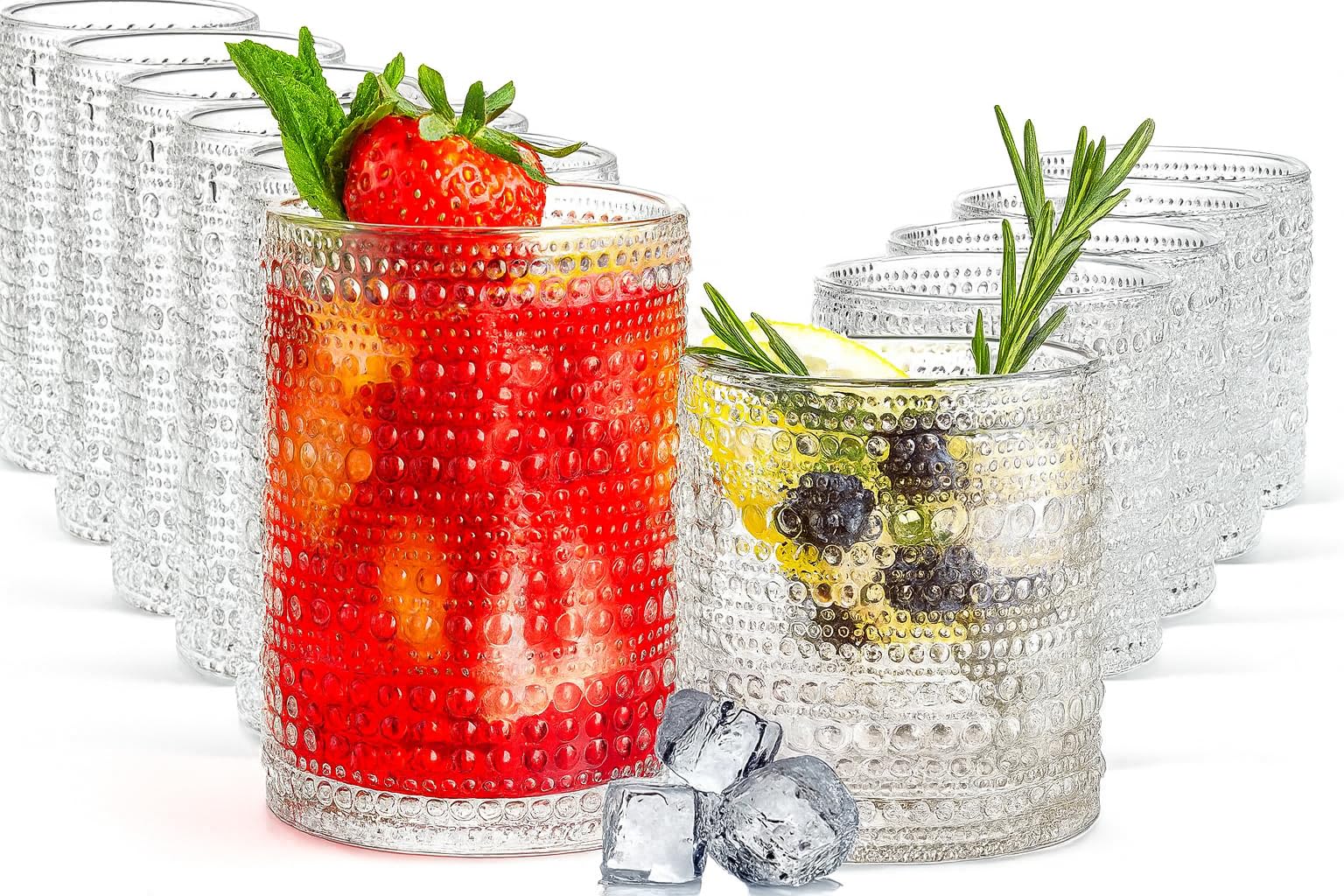 Khen Hobnail Drinking Glasses with Straws | Clear Colors | Set of 12