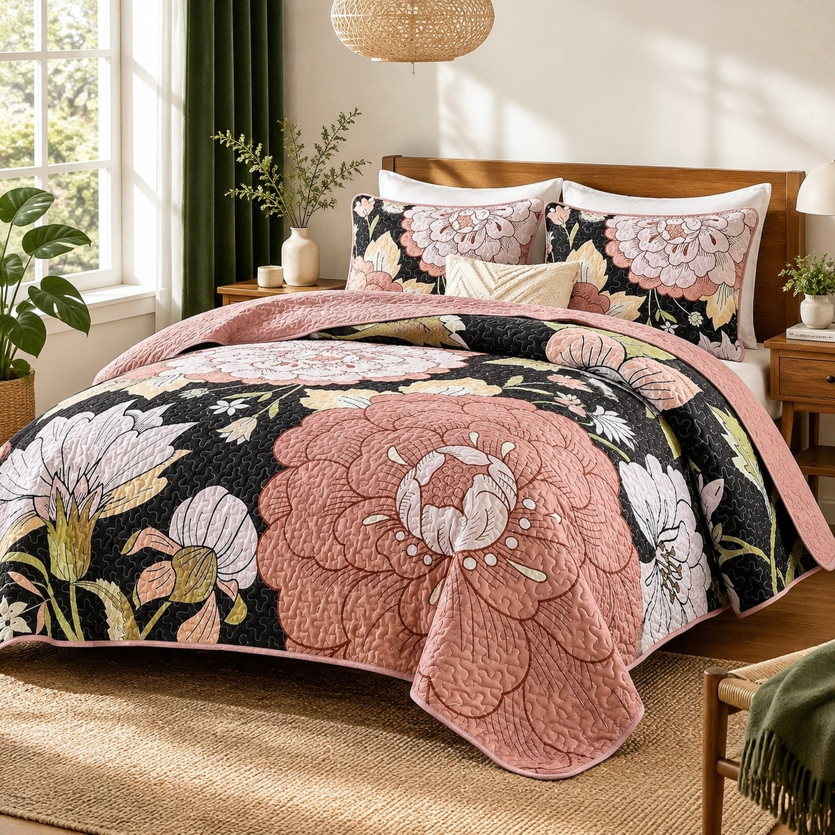 NEW Anthropologie Black & Pink Floral Boho Queen / King Bedding Quilt & Sham Set