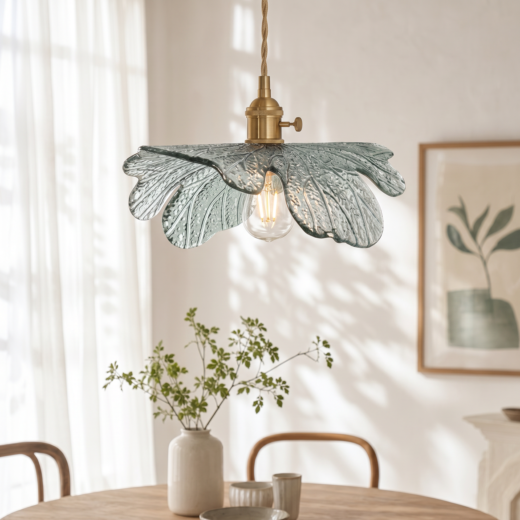 NEW Anthro Vintage Blue Glass Hanging Retro Gold Floral Pendant Light Fixture