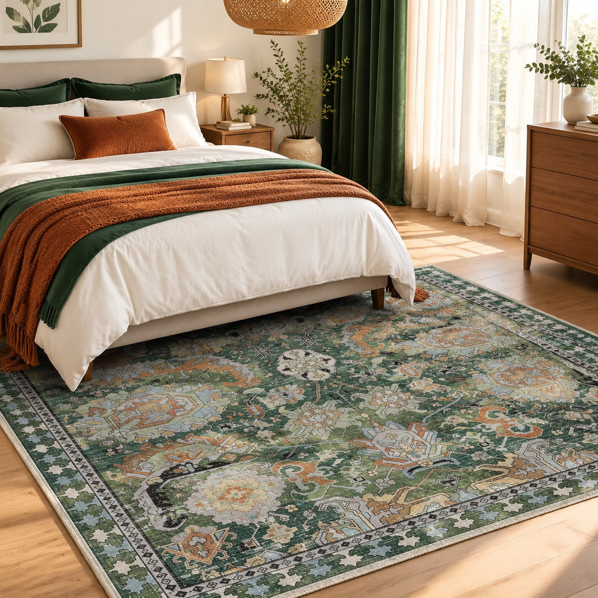 NEW Anthropologie Green Vintage Floral Boho Washable Area Rug Carpet - 5' x 7'