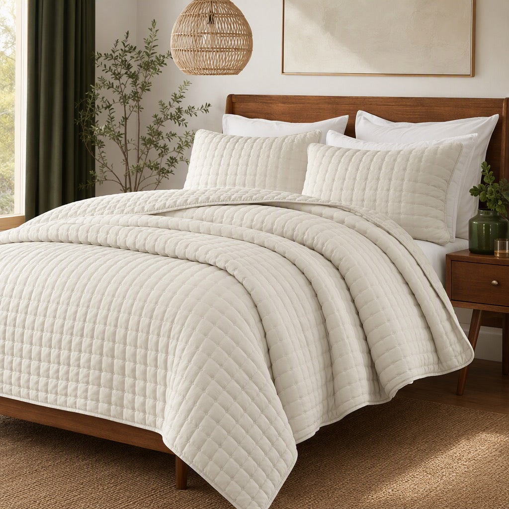 NEW West Elm Cream Beige Ultra Soft Quilted Comforter Coverlet Bedding Sham Set