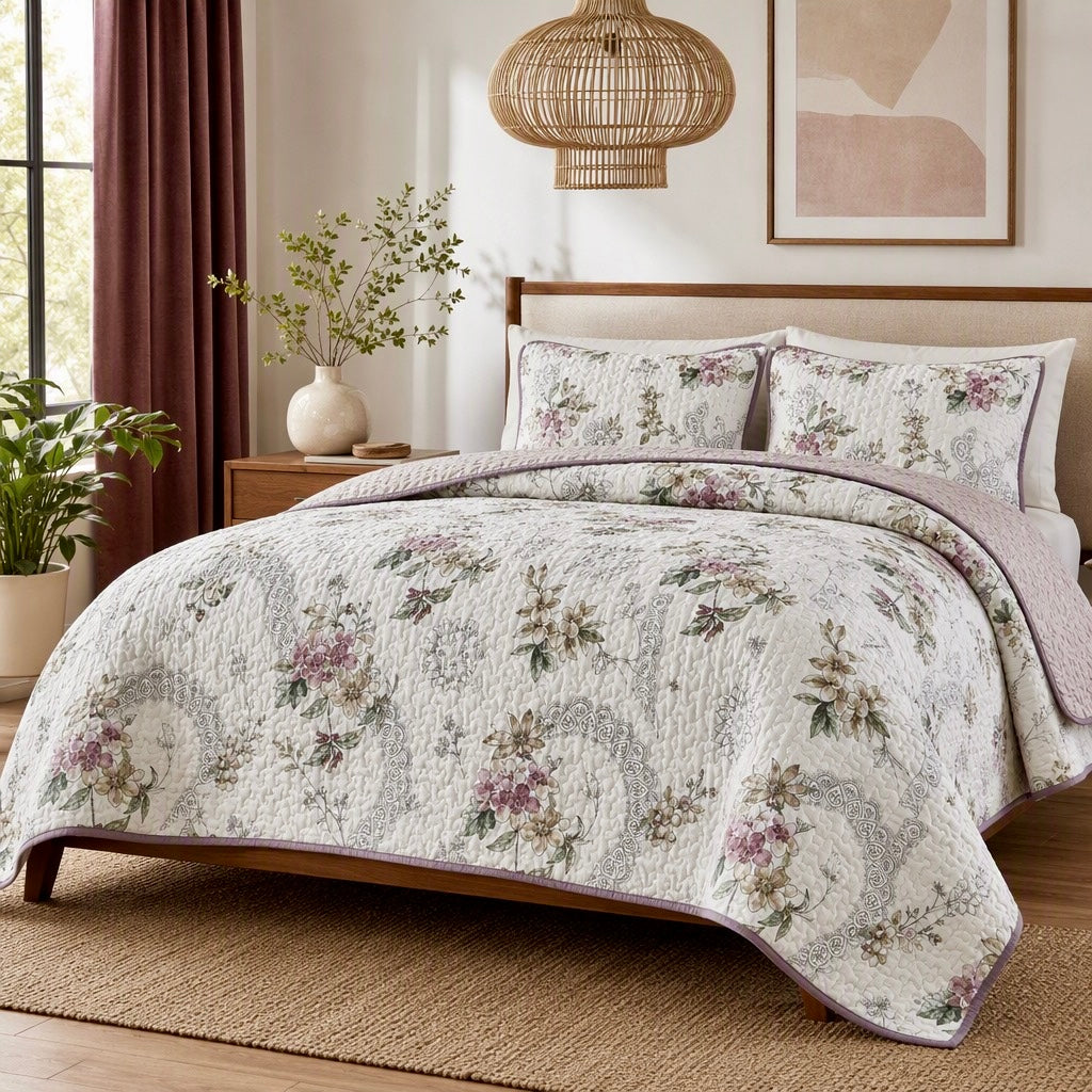 NEW Anthropologie Vintage Floral Reversible Quilt Bedspread Bedding & Sham Set
