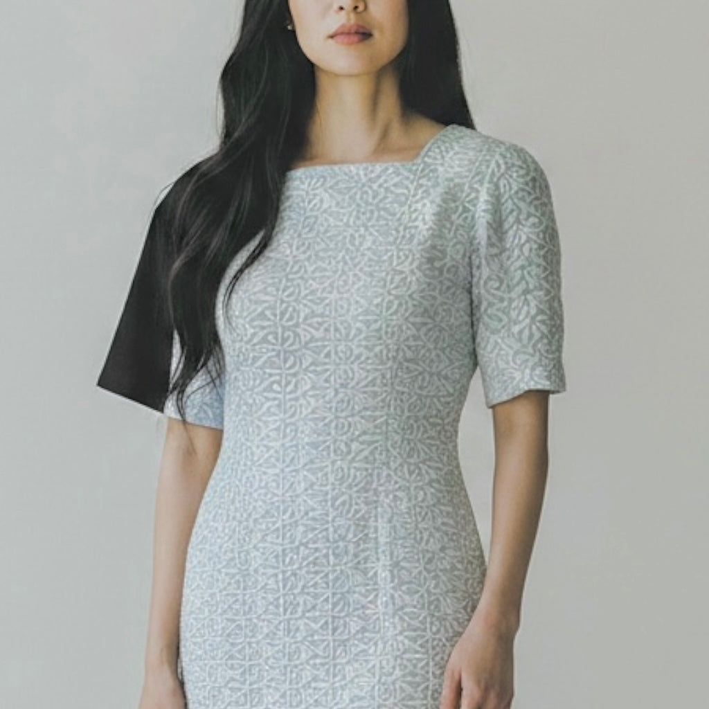 Vintage 1960's Light Blue Embroidered Pencil Sheath Dress - Size Small