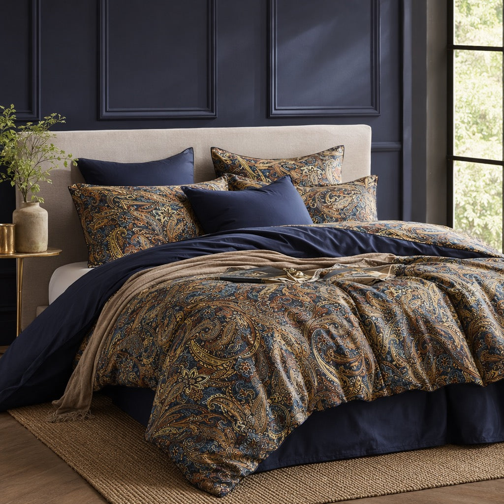 NEW Anthropologie Navy Blue Paisley Boho Queen / King Bedding Duvet & Sham Set