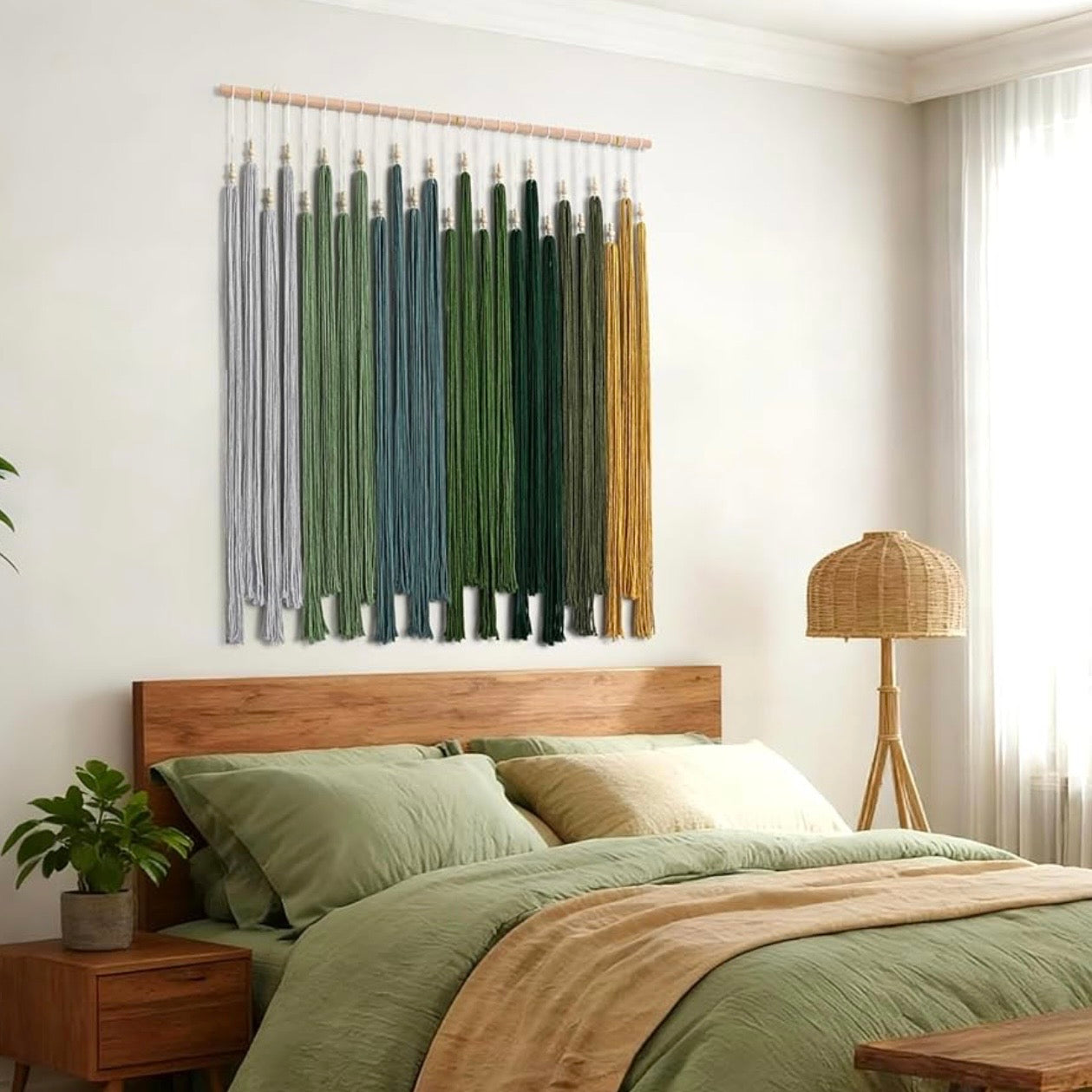 NEW Anthropologie XL Green Boho Tapestry Macrame Dyed Yarn Wall Hanging 40 x 45