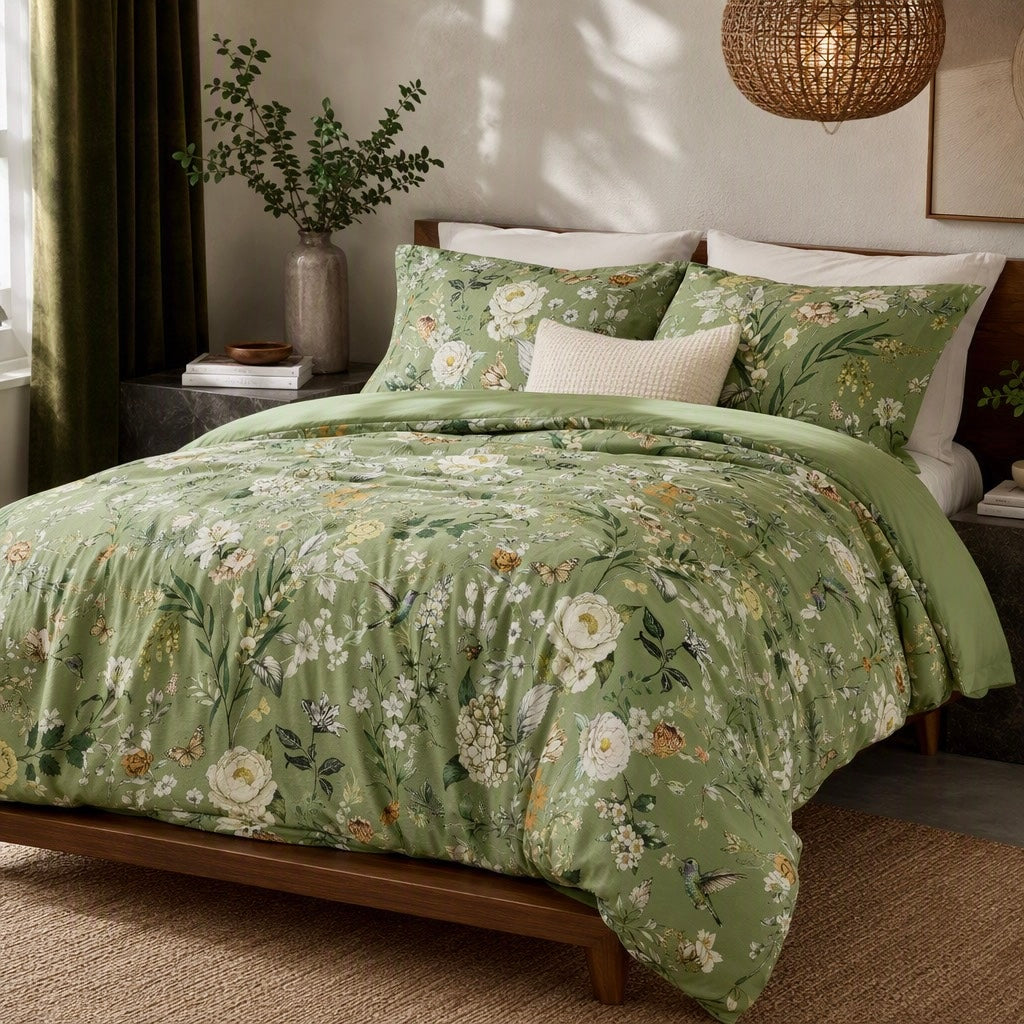NEW Anthropologie Vintage Green Floral Bird Queen King Duvet Bedding & Sham Set