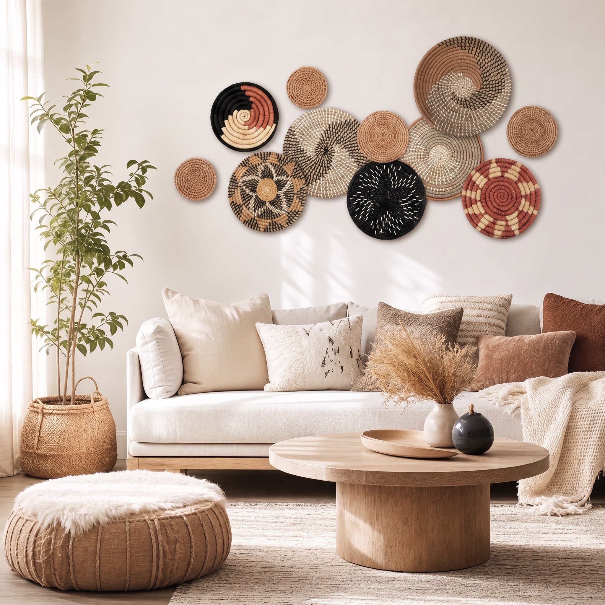 NEW West Elm XL Woven Wicker Rattan Seagrass Boho Wall Hanging Baskets - Set 11