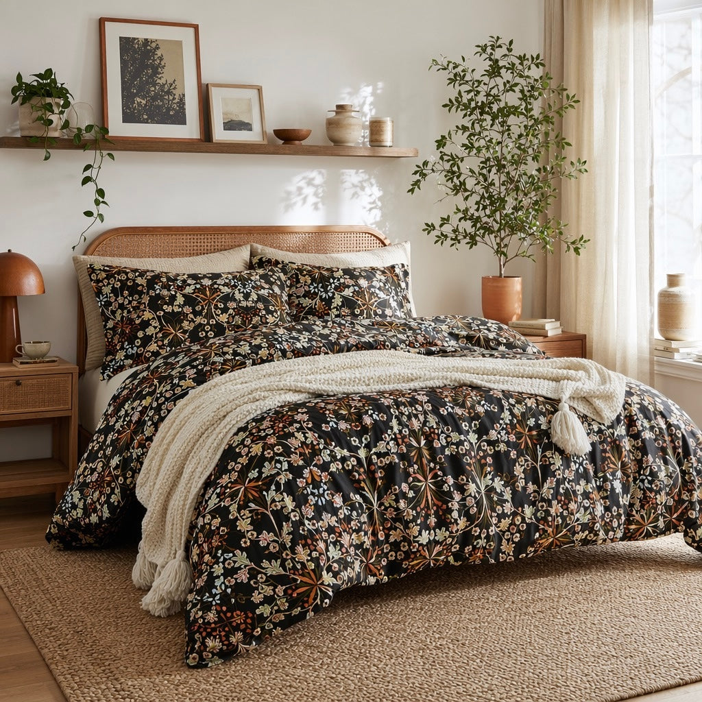 NEW Anthropologie Black Orange Floral Cotton Boho Queen Bedding Duvet & Sham Set
