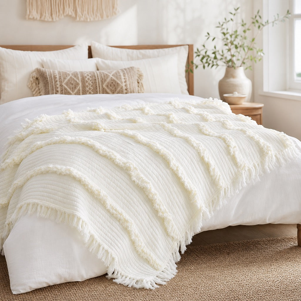 NEW West Elm Boho White Quilted Ruffle Knit Throw Blanket Bedding - 60" x 80"