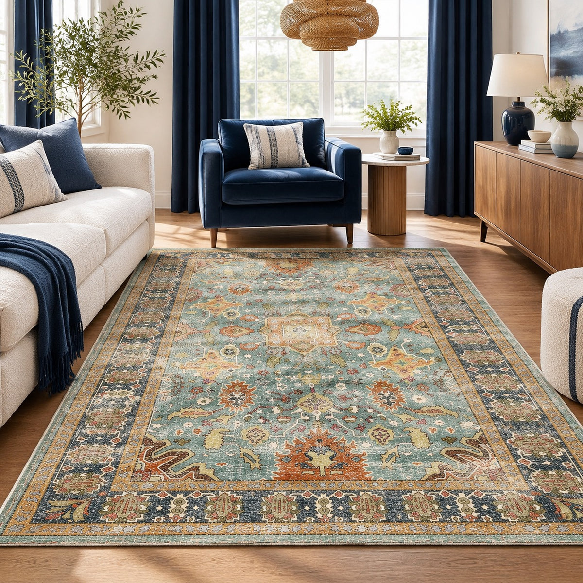 Blue Moroccan floral boho area rug with teal, orange, and navy patterns on hardwood floor, styled with navy armchair and white sofa.