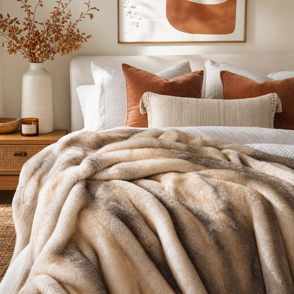 NEW West Elm Boho Brown Faux Fur Thick Mink Throw Blanket Bedding - 60" x 50"