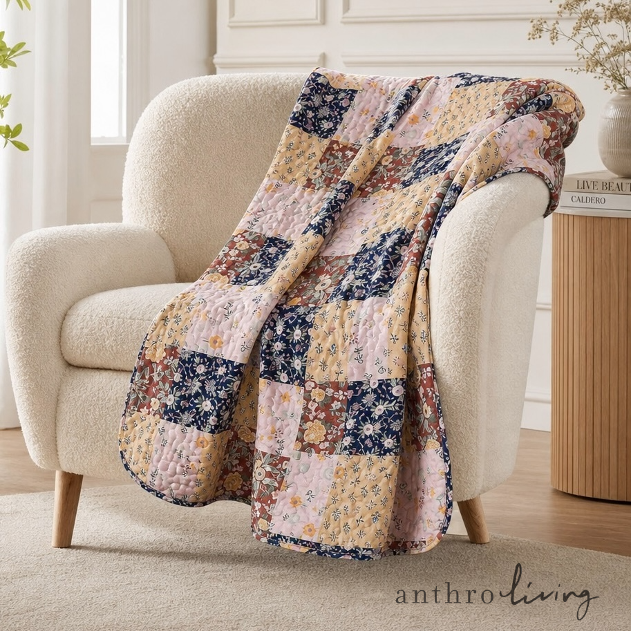 NEW Anthro Boho Multicolor Floral Throw Blanket Patchwork Quilt 50" x 60"