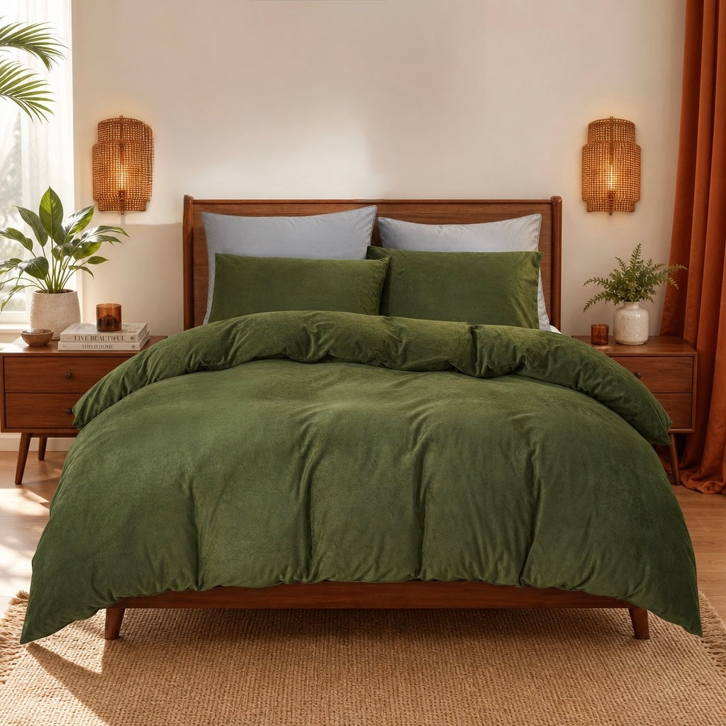 NEW West Elm Emerald Green Velvet Velour Queen / King Duvet Bedding & Sham Set