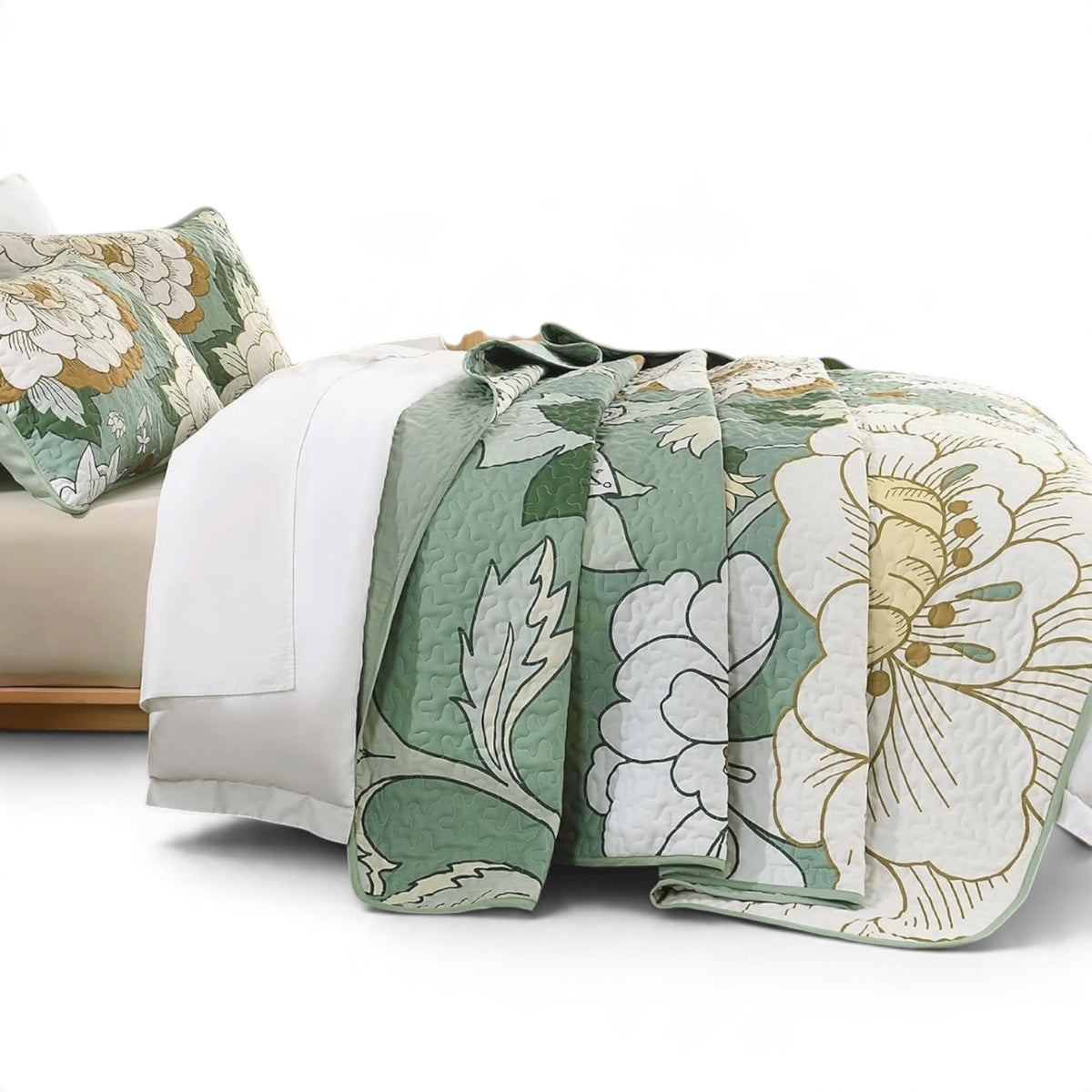 NEW Anthropologie Green & Yellow Floral Boho Queen / King Bedding Quilt Sham Set