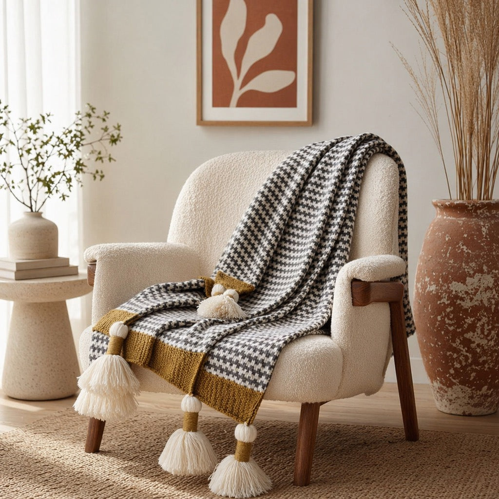 NEW Anthro Chevron Stripe Boho Tassel Pom Pom Knit Throw Blanket Bedding 48
× 60