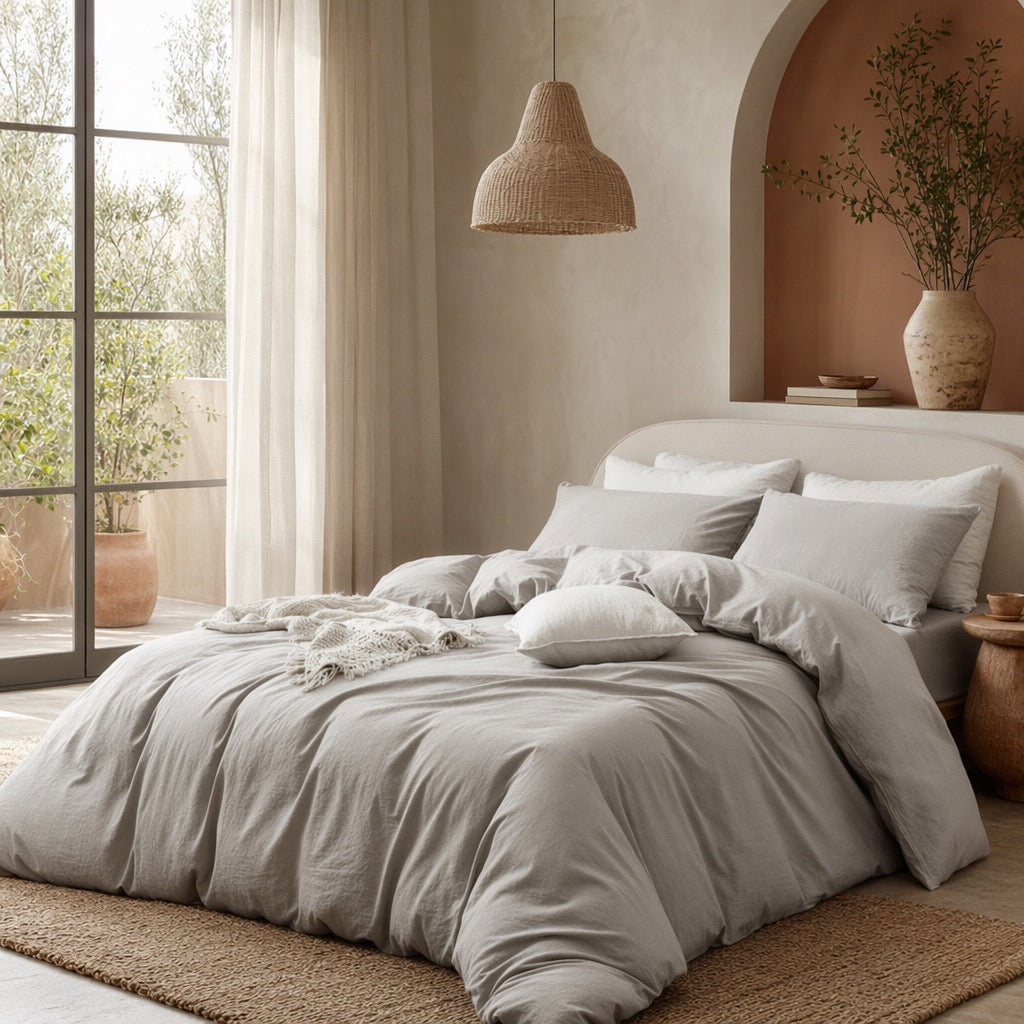 NEW West Elm Boho Cream Beige King Washed Cotton Linen Bedding Duvet & Sham Set