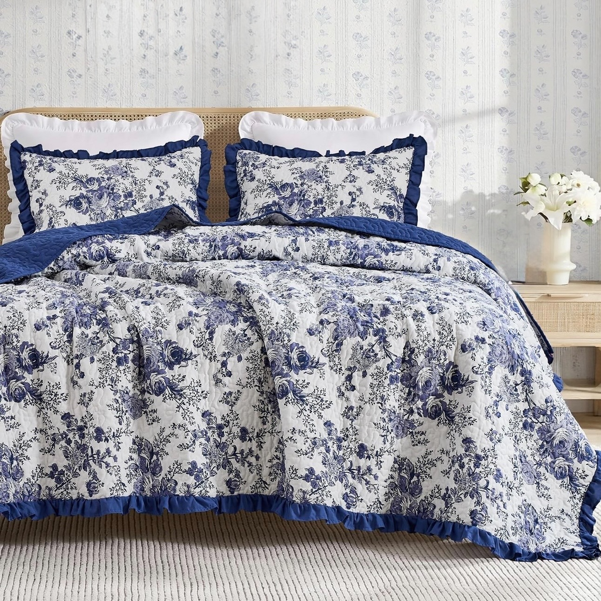 NEW Anthropologie Blue White Floral Ruffle Trim Quilt Coverlet Bedding Sham Set