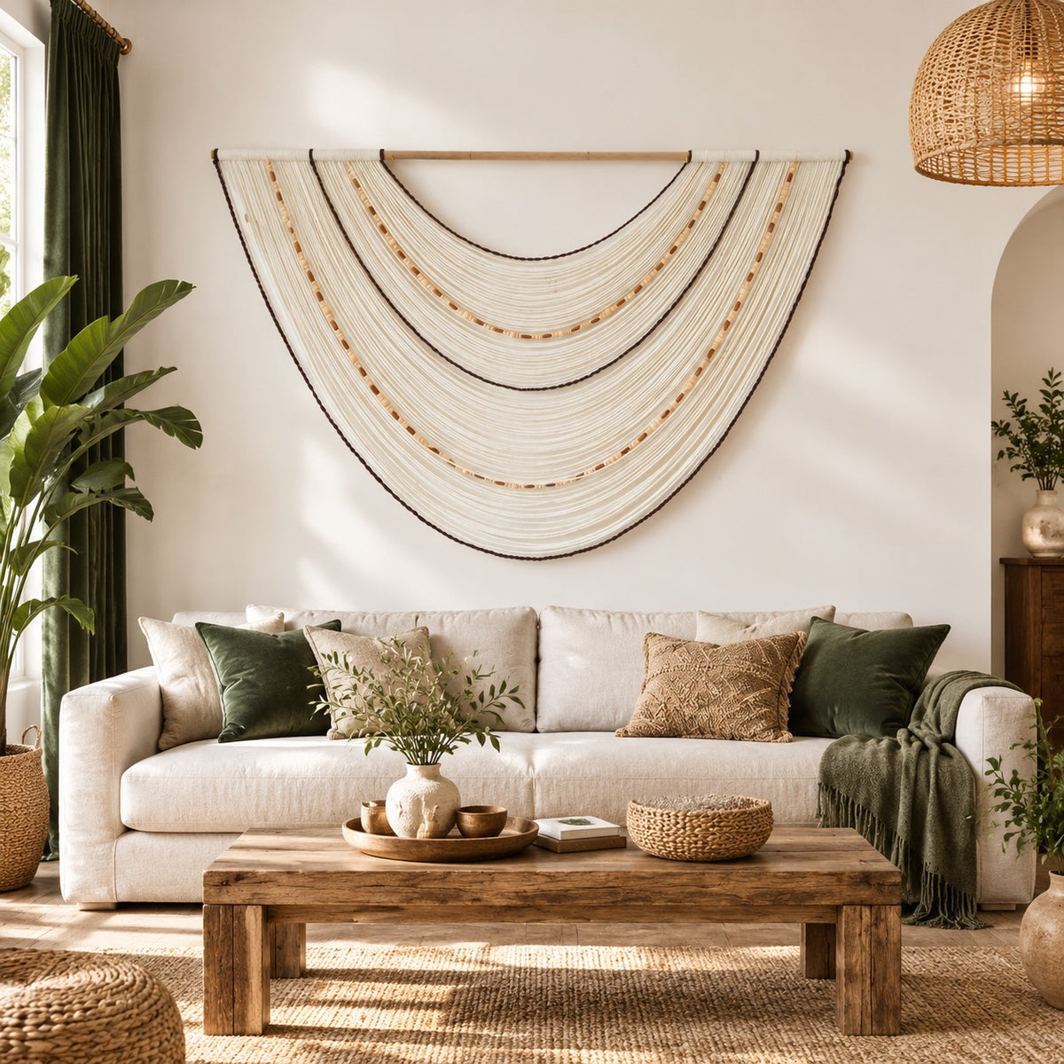 NEW Anthropologie Boho Tapestry Macrame Woven Swoop Beaded Wall Hanging 57 x 35