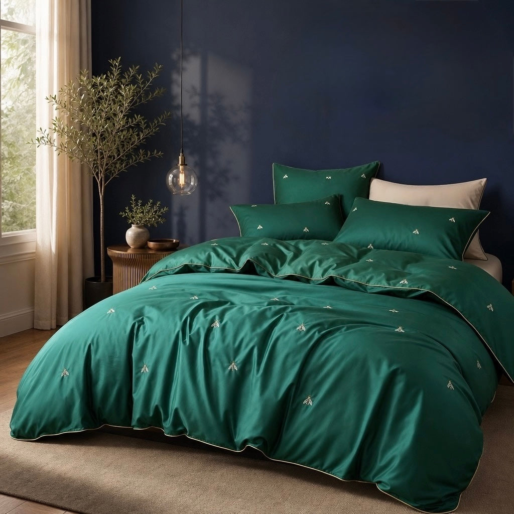 NEW Anthropologie Emerald Green Bee Boho Queen / King Size Bedding Duvet Sham Case Set