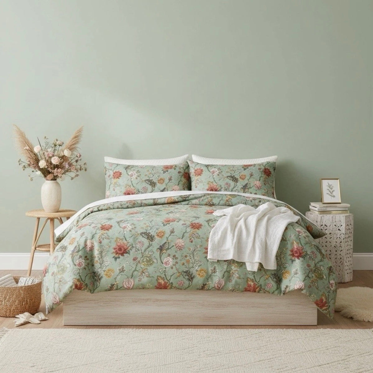 NEW Anthropologie Tiffany Green Floral Retro Antique Duvet Bedding & Sham Set
