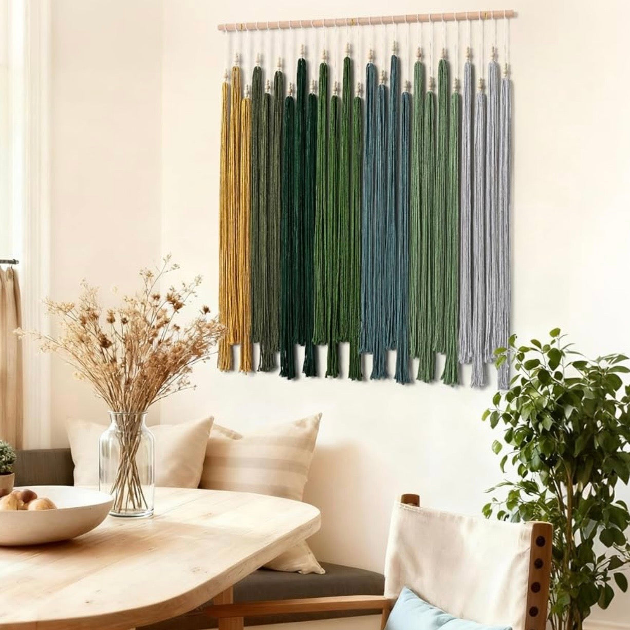NEW Anthropologie XL Green Boho Tapestry Macrame Dyed Yarn Wall Hanging 40 x 45