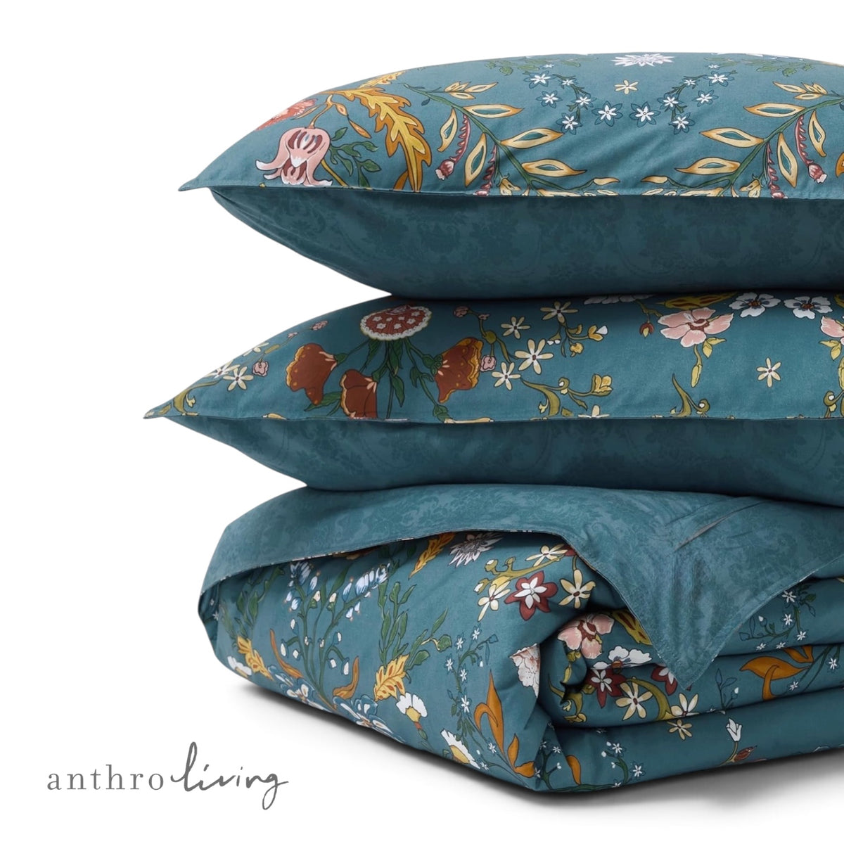 NEW Anthropologie Teal Multicolor Floral 100% Cotton Duvet Bedding & Sham Set
