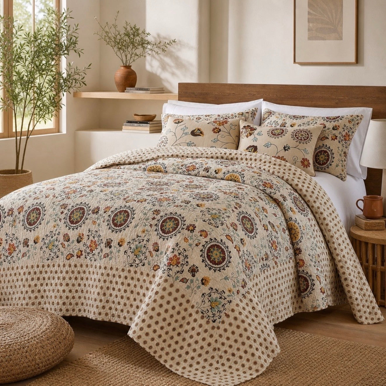 NEW Anthropologie Multicolor Retro 5-Piece Quilt Bedspread Bedding, Sham & Throw Pillow Set