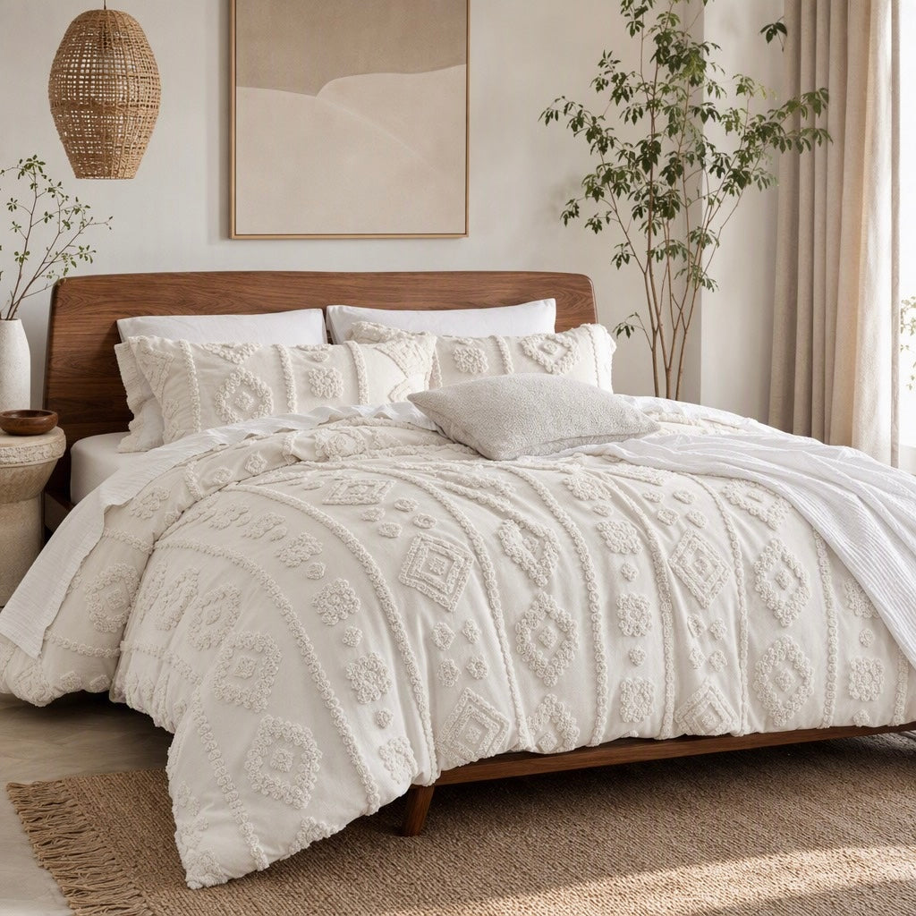 NEW Anthropologie Cream Tufted Boho Queen / King Size Bedding Duvet & Sham Set