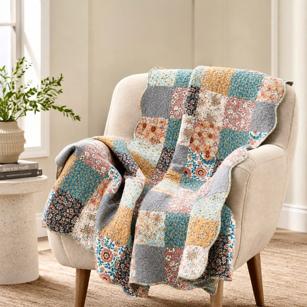 NEW Anthropologie Boho Cotton Colorful Floral Throw Blanket Bedspread Quilt - 50" x 60"