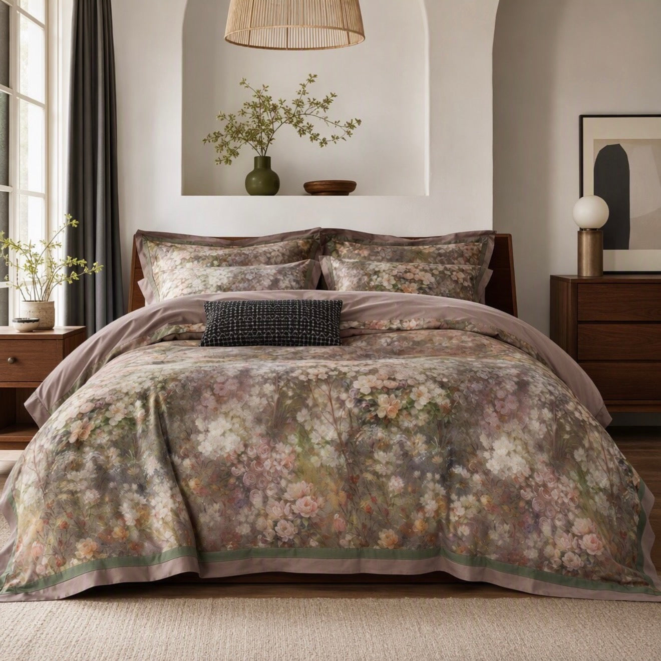 NEW Anthropologie Blush Pink Silk Floral Cotton Queen / King Bedding Duvet & Sham Set