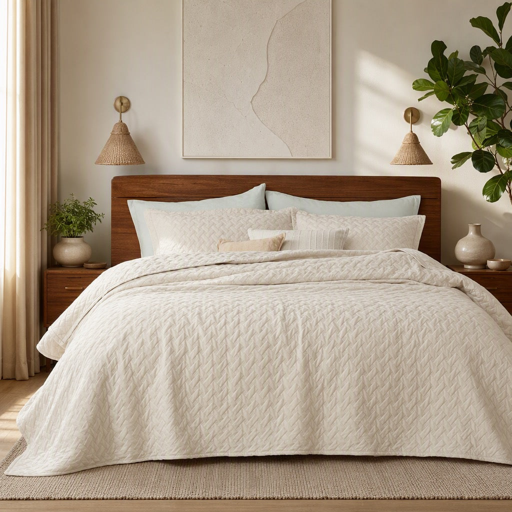 NEW Anthropologie Beige Boho Chevron Quilted Bedding Quilt & Sham Set - Queen / King