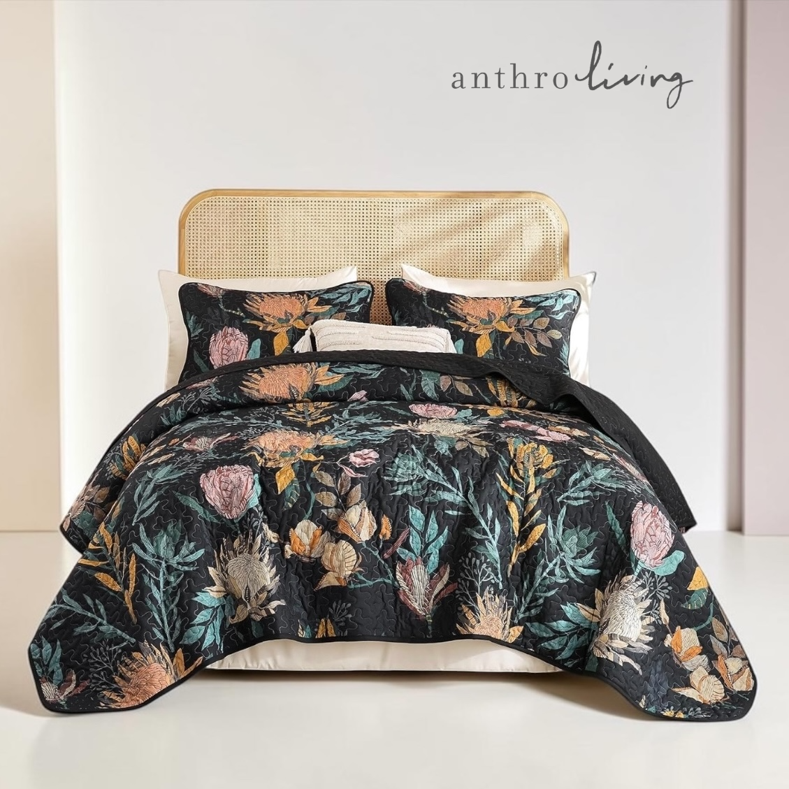 NEW Anthro Queen / King Black Reversible Boho Quilt Bedspread Bedding & Sham Set