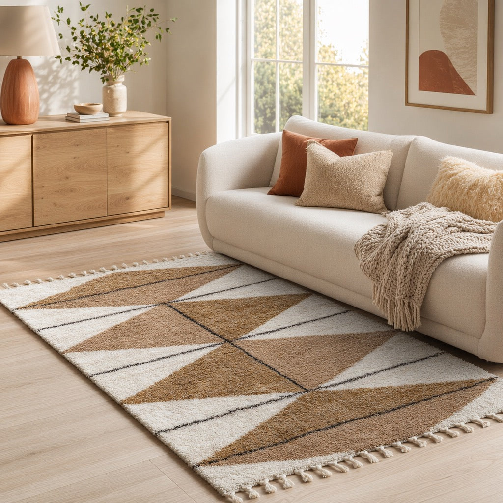 NEW West Elm White Cream Boho Tassel Geometric Shag Area Rug Carpet - 4' x 6'