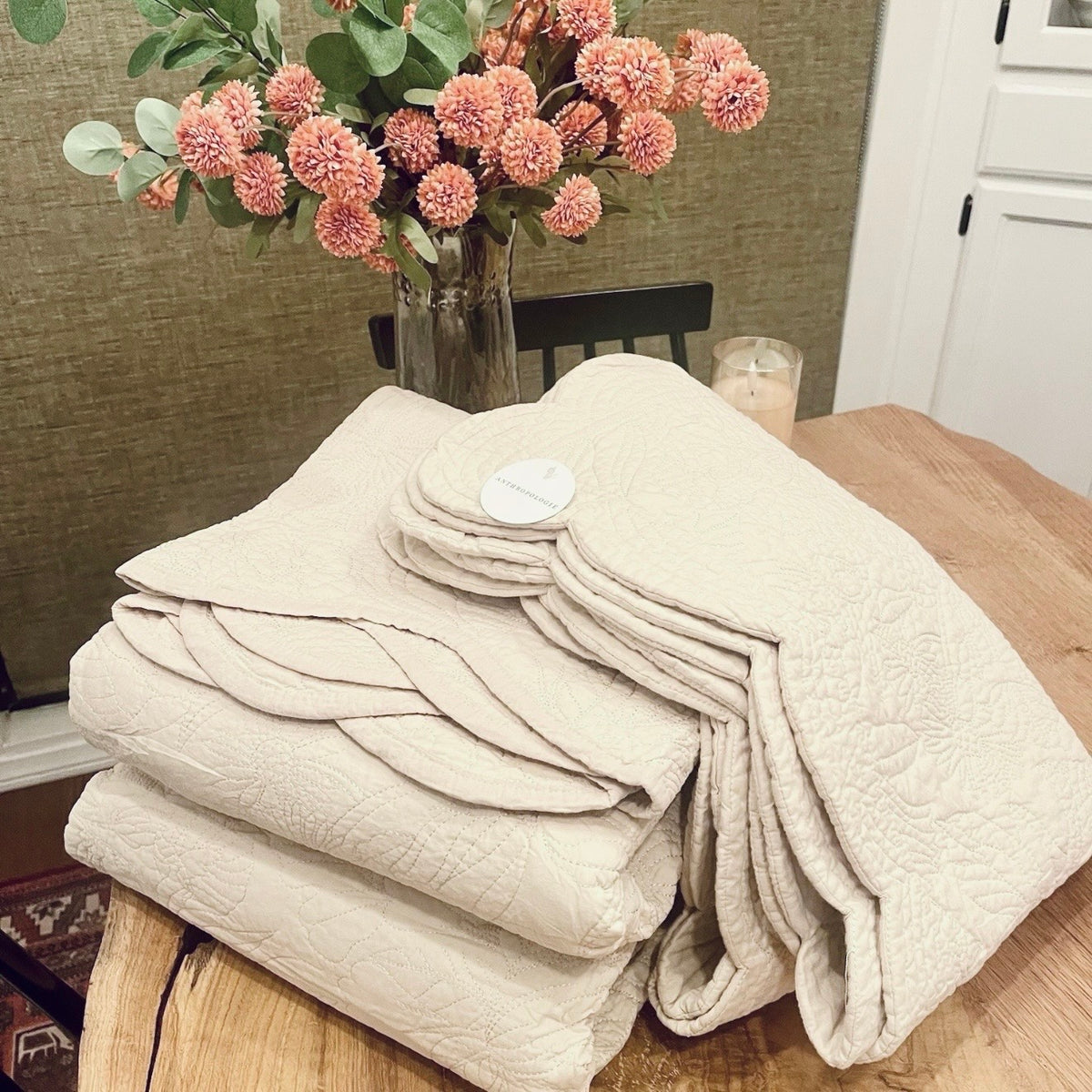 NEW Anthropologie Ivory Queen / King Size Reversible Quilt Bedspread Blanket & Sham Set