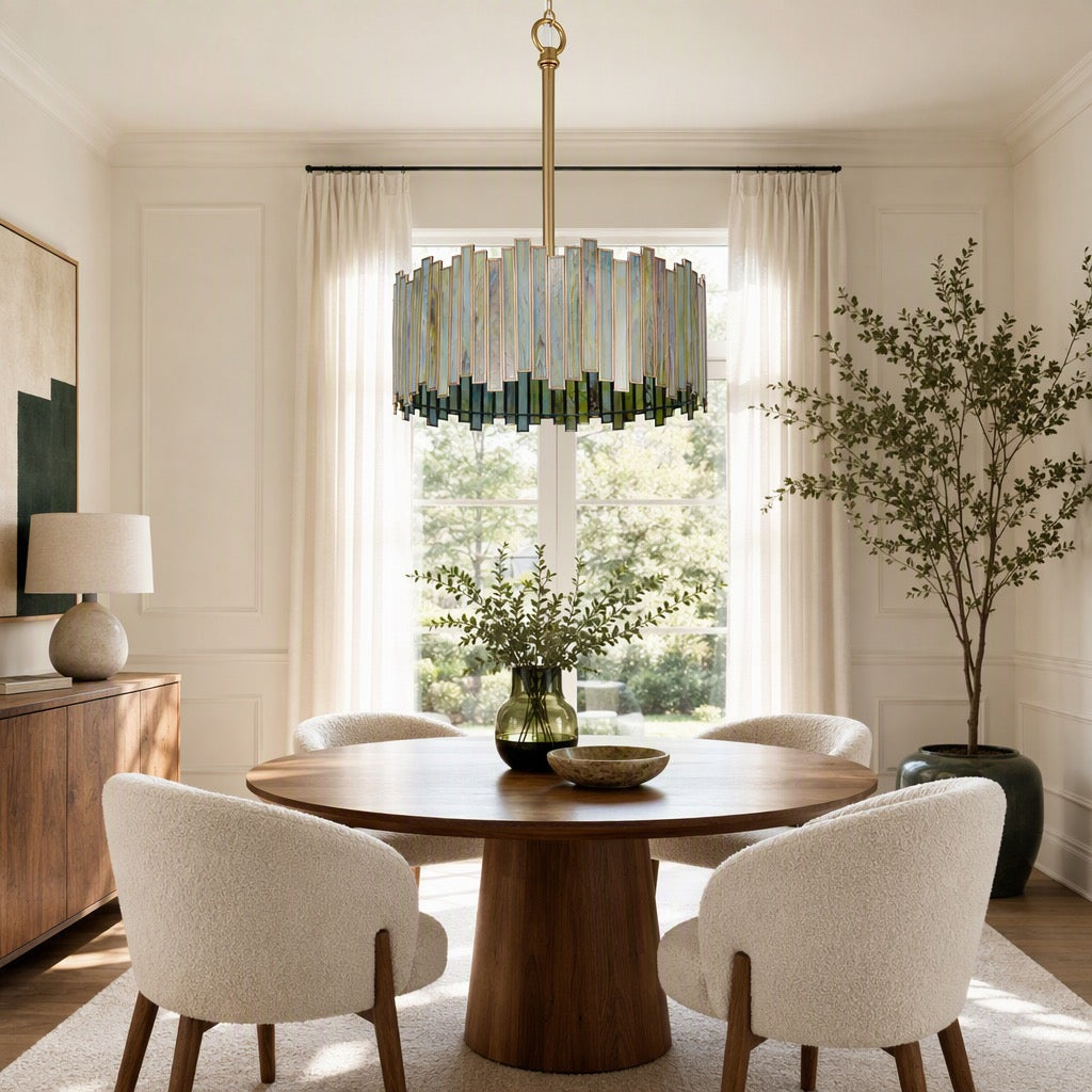 NEW Anthropologie 4-Light Stained Glass Round Drum Light Fixture Boho Chandelier
