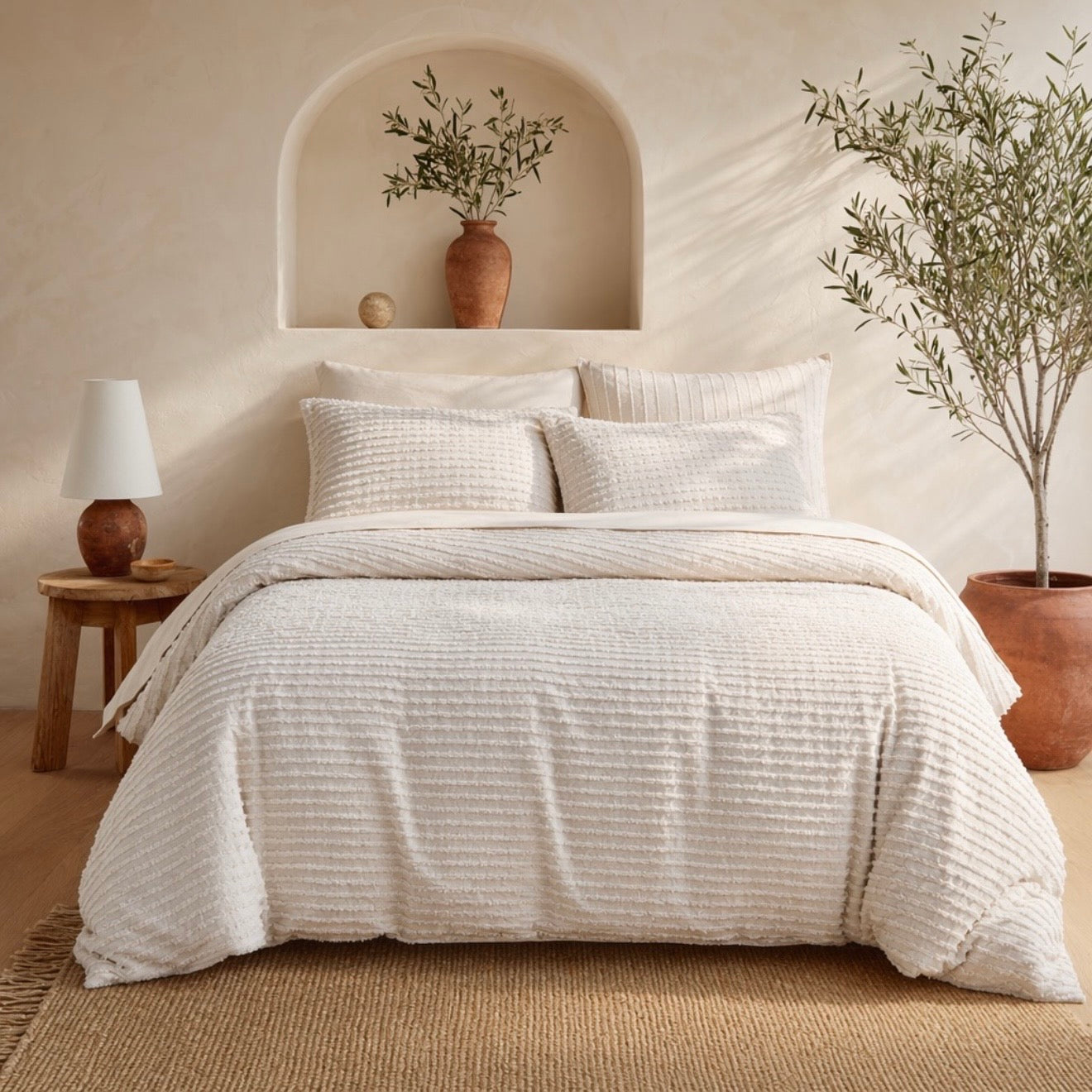 NEW Anthropologie Beige Boho King Size Tufted Fringe Bedding Duvet & Sham Set